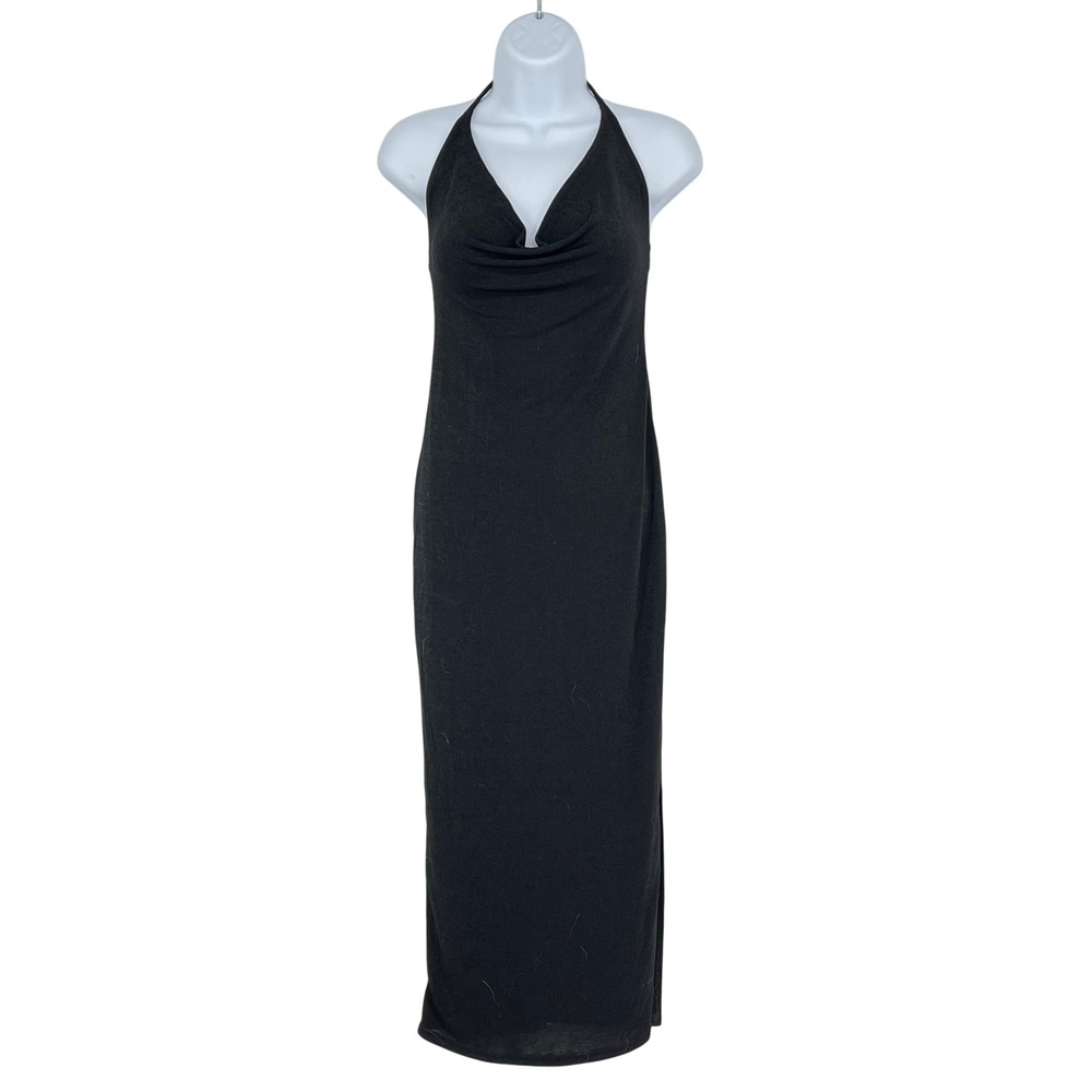 Nasty Gal Black Slinky Midi Dress Cowl Neck Halter Strappy Back Slit Sexy Witchy